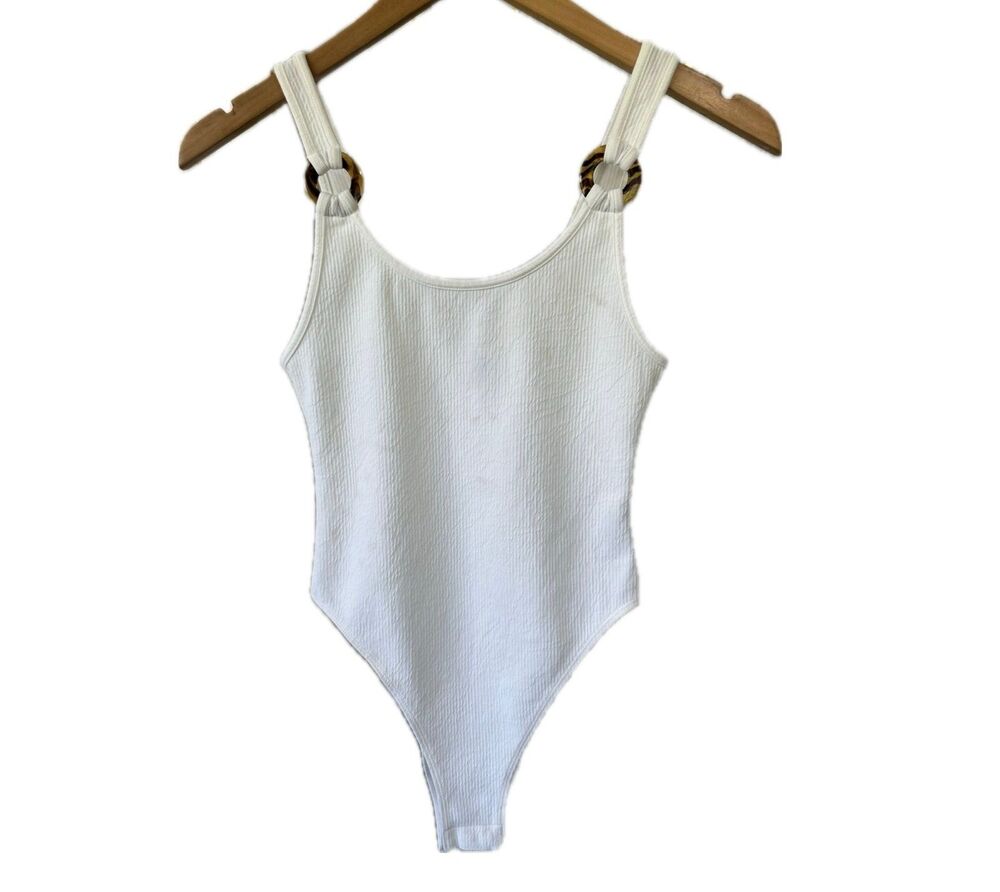 H&M Divided White Tank Plastic Rings Ribbed Jersey Bodysuit Concealed Snaps XS